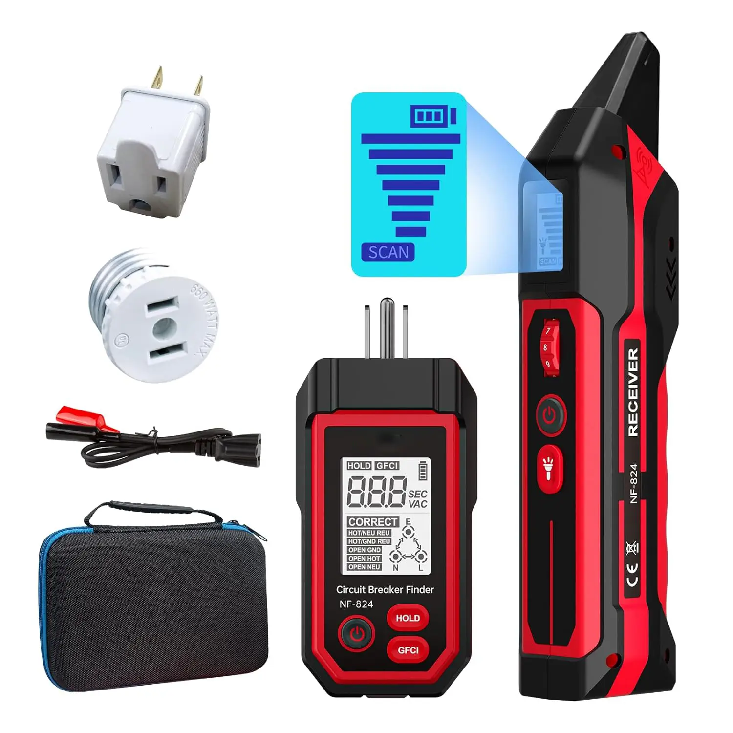 Rechargeable Circuit Breaker Finder with LCD Display & GFCI Outlet Tester, NCV AC Electric Tester Circuit Tracer, Adjustable Sensitivity, Flashlight- NF-824