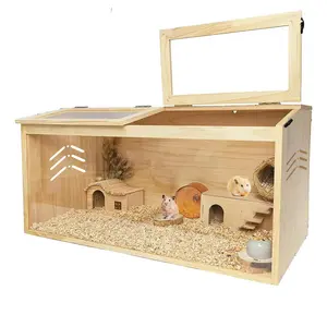 Large Wooden Hamster Cage – Clear Acrylic Panels, 80/100cm | Chew-Resistant Pine, Good Ventilation | For Hamsters, Gerbils, Mice | Easy Clean, Removable Panels | Sturdy Wood, Lockable Top | Natural Home Decor Style | Spacious Habitat