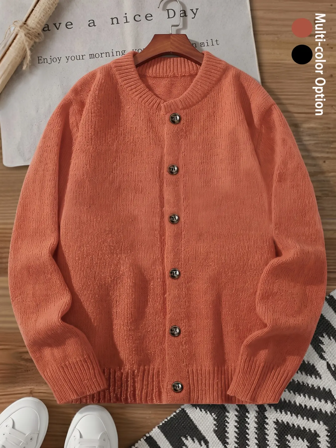 Men's Crew Neck Button Front Knit Cardigan Sweater, Long Sleeve Solid Color Casual Cardigan with Ribbed Cuffs & Hem, Premium Fabric Business Casual Warm Layering Sweater for Fall Winter Daily Work Office Dating Outdoor Terracotta Orange Black
