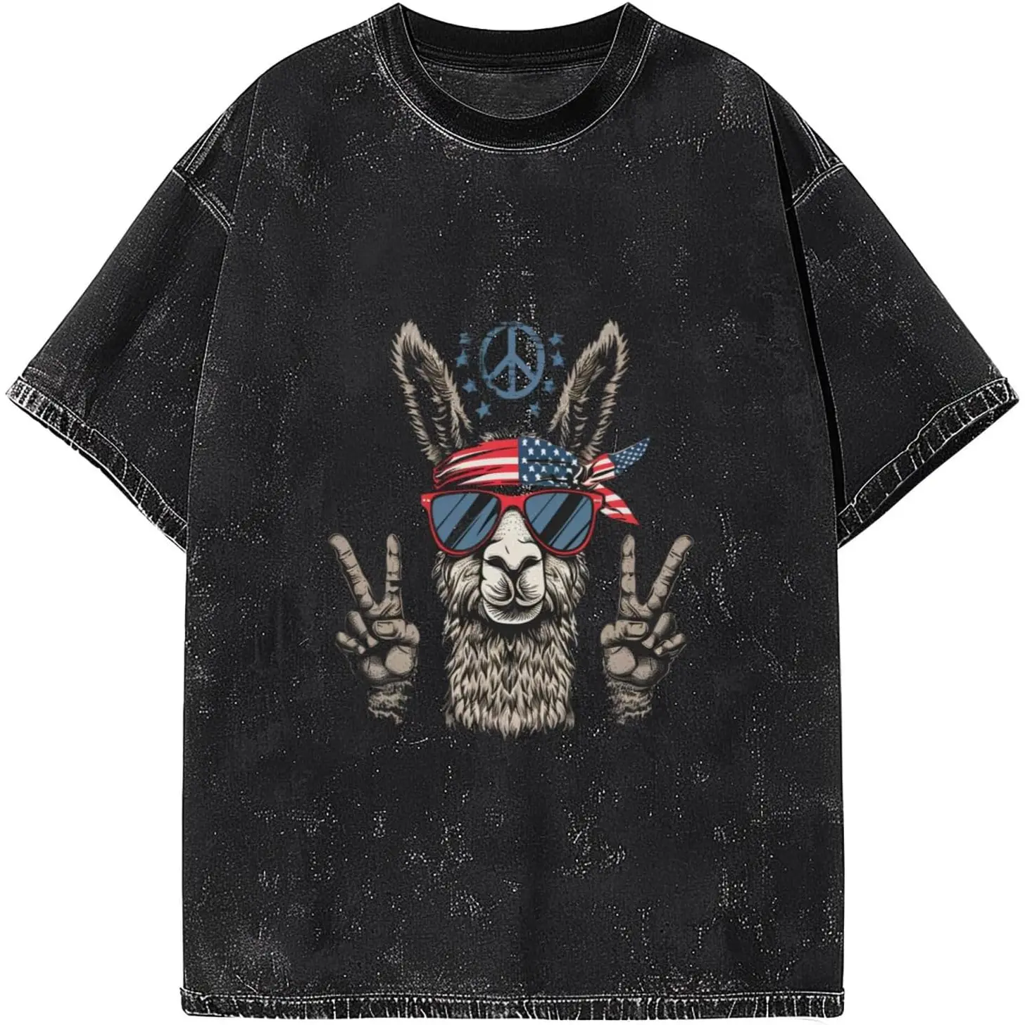 Vintage Wash Llama Graphic Tee Acid Wash Aesthetic Premium Cotton Tshirt Patriotic Peace Sign T Shirt Women Short Sleeve Crewneck Top Fun Gift Men Loose Casual Top Oversized Summer Outfit