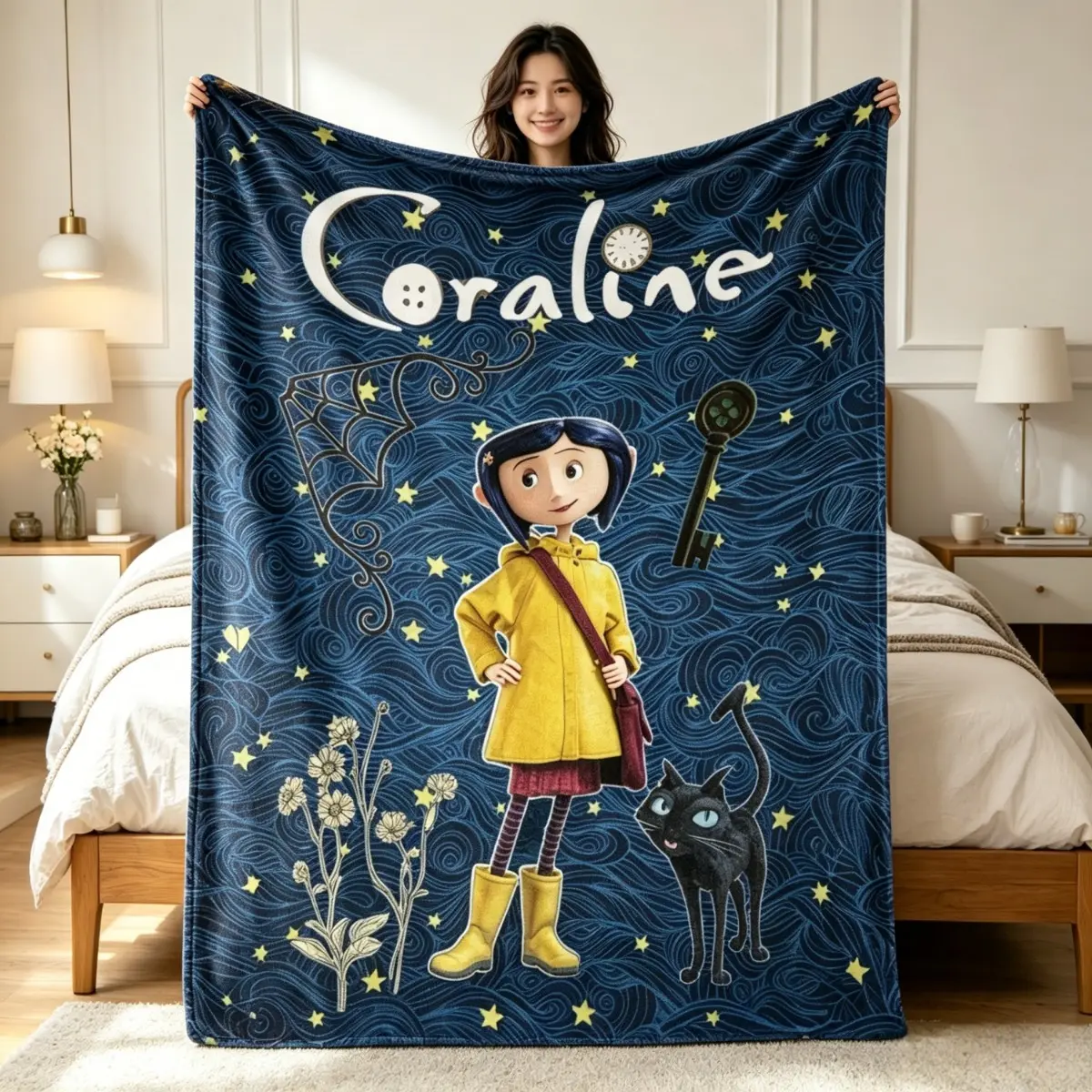 2D Coraline Movie Themed Flannel Blanket, Coraline Jones & Black Cat Art Throw for Fans & Home Decor