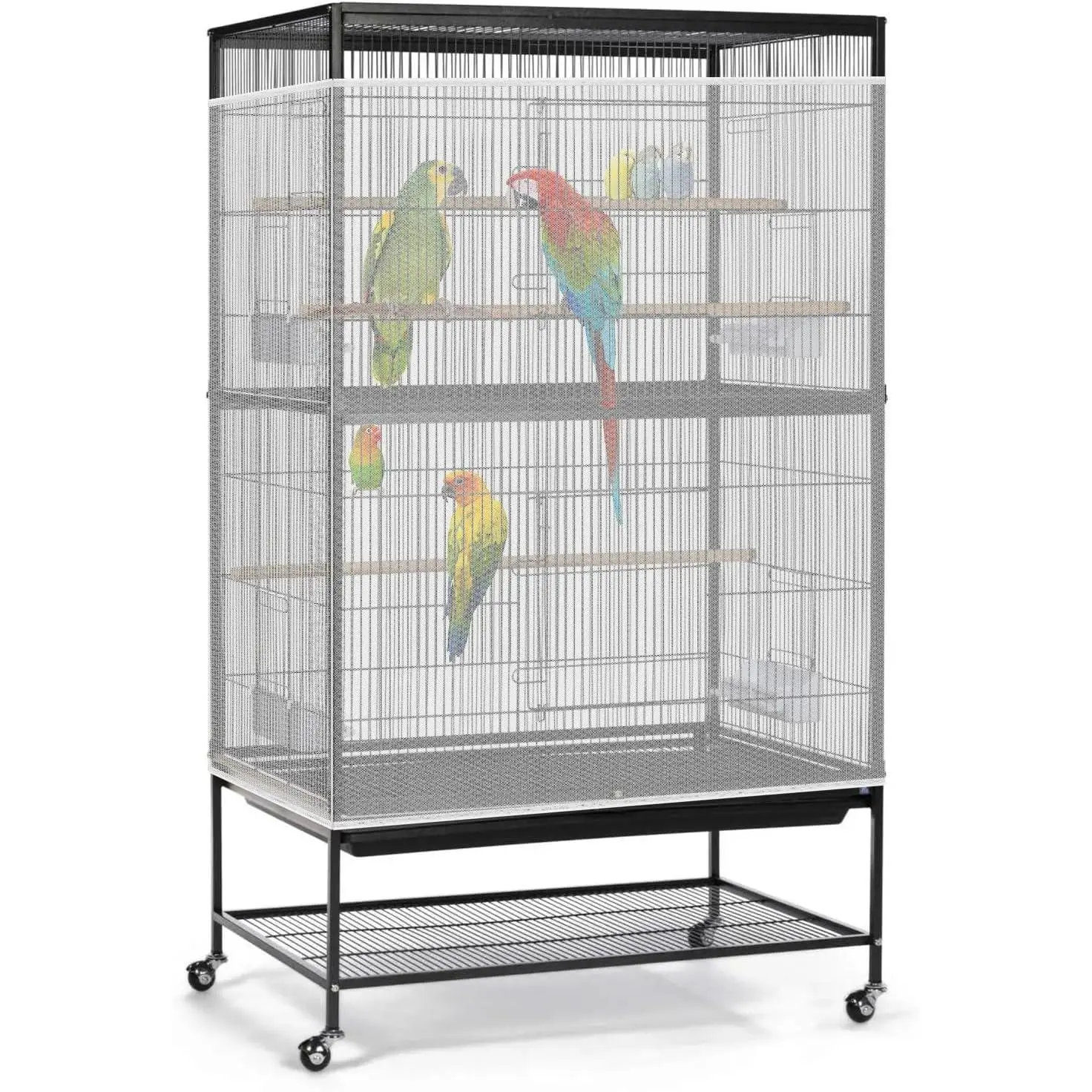 Bird Cage Seed Catcher, 90-118'' Universal Birdcage Net Nylon 31.8'' H Adjustable Elastic Band Stretchy Skirts Mesh Cover for Parrot Cage Seed Guard (Not Include Birdcage) White