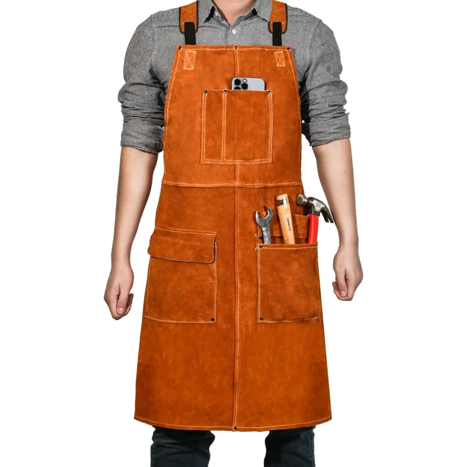Leather Welding Work Apron - Heat Resistant & Flame Resistant Bib Apron, Flame Retardant Heavy Duty BBQ Apron