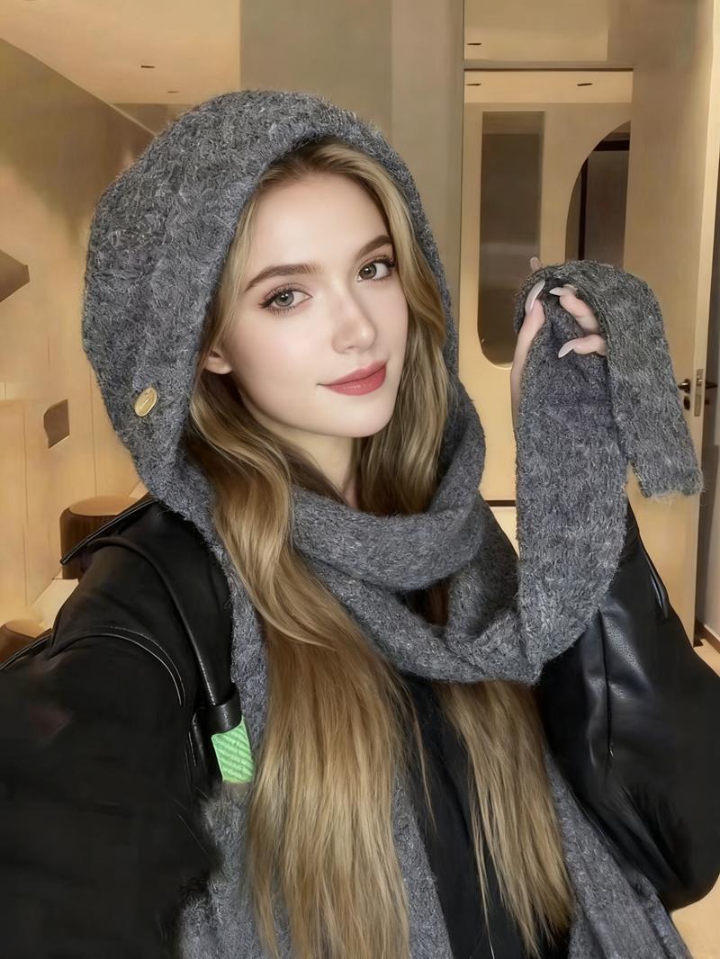 Women Knitted Hooded Scarf Balaclava 2-in-1 Winter Warm Hat  display picture 1