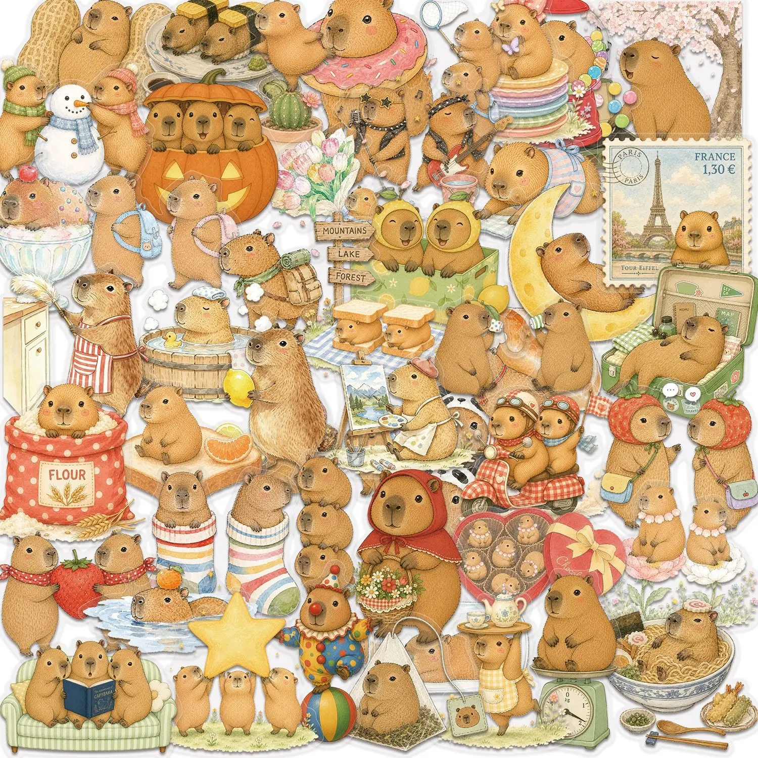 50 Cute Capybara Sticker Pack, Waterproof Transparent Pet, Handmade Material Decoration, Guitar Notebook DIY, Perfect for Crafting Projects