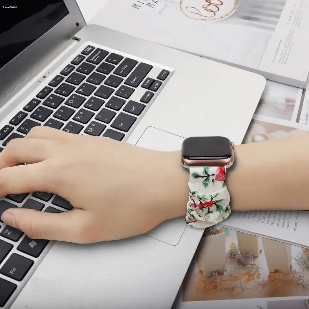 Apple Watch Scrunchie Band for Women – Stretchy Elastic Replacement Strap, Cute Floral Printed Aesthetic Wristband, Soft Comfortable Fit for 38–49mm (Ultra/SE/Series), Perfect for Daily Wear & Outfits