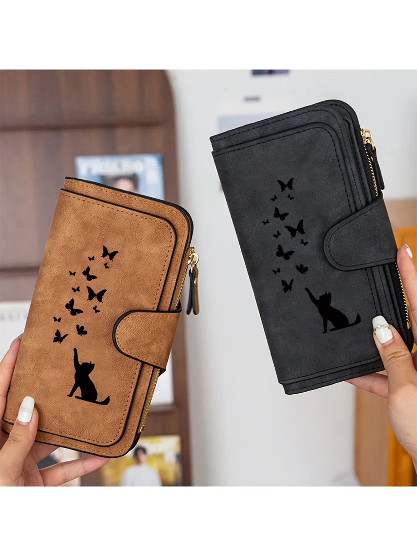 Cat and butterfly silhouette pattern decoration, unique women's hand-held wallet, multi slot design for women's long wallet, elegant and simple style, suitable as a birthday gift/Halloween gift/Christmas gift