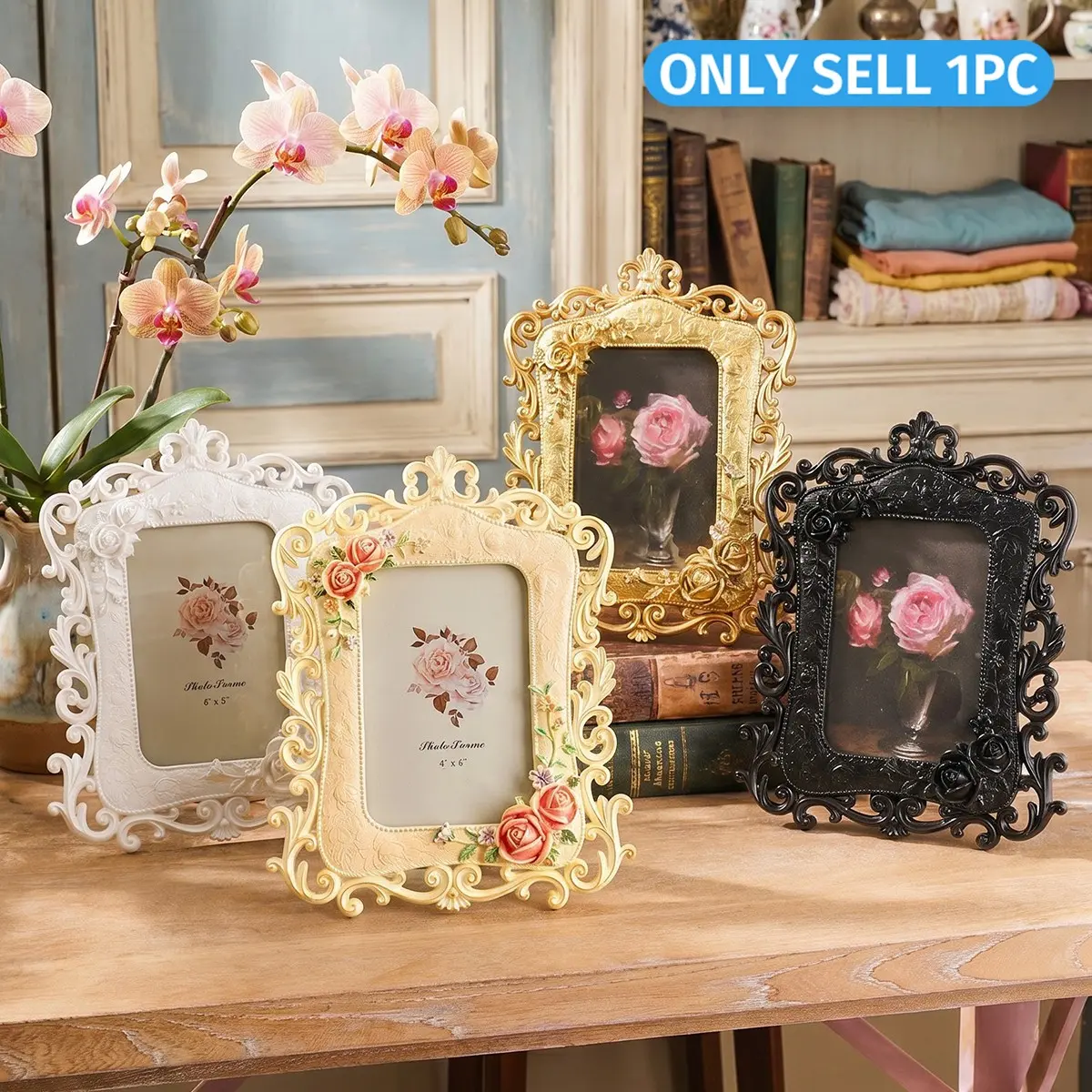 French Rococo 3D Rose Carved Picture Frame, Ideal for Bedroom Dressing Table, Girl's Room, Airbnb Decor, Valentine's Day Gift