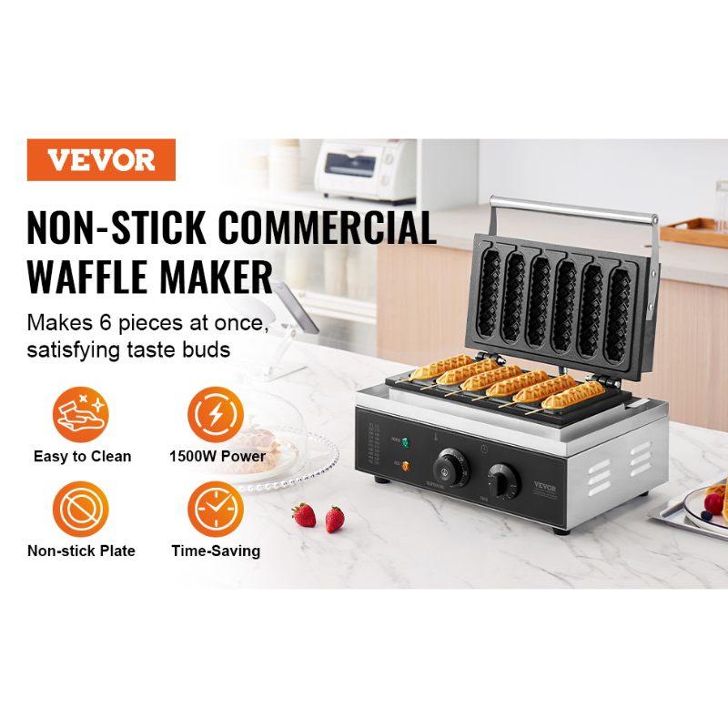 VEVOR Commercial Waffle Stick Maker, 6PCS 1500W Waffle Baker Machine, Non-Stick Stainless Steel Corn Hot Dog Waffle Iron with Temp and Time Control, Handle, for Restaurant Bakery Snack Bar Family VEVOR Commercial Waffle Stick Maker, 6PCS 1500W Waffle Baker Machine, Non-Stick Stainless Steel Corn Hot Dog Waffle Iron with Temp and Time Control, Handle, for Restaurant Bakery Snack Bar Family