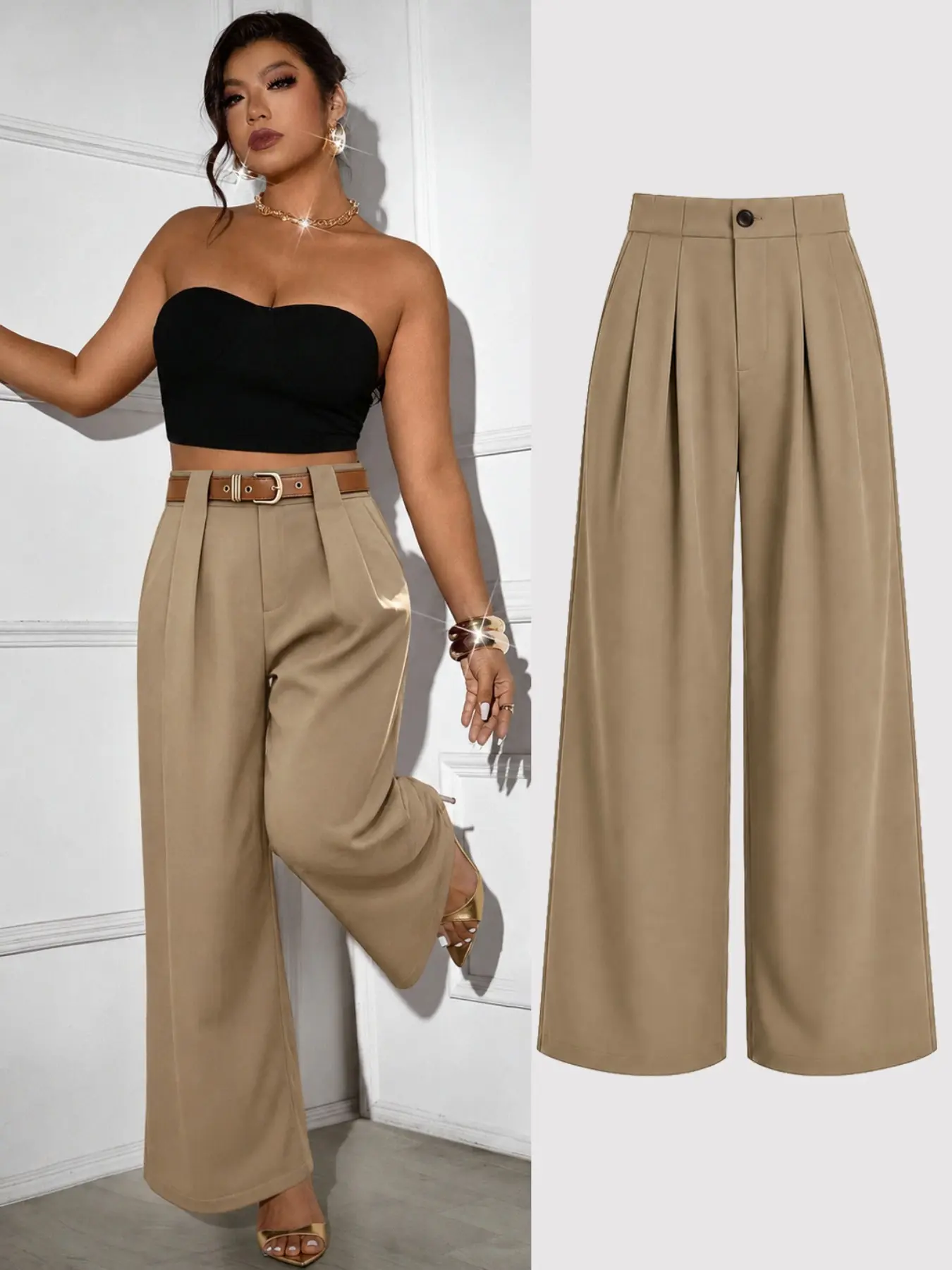 Women's Plus Size High Waisted Wide Leg Pants, Pleated Front Trousers, Casual Chic Trousers, Elegant Office Workwear, Business Casual Commuter Outfits, Trendy, Bottoms