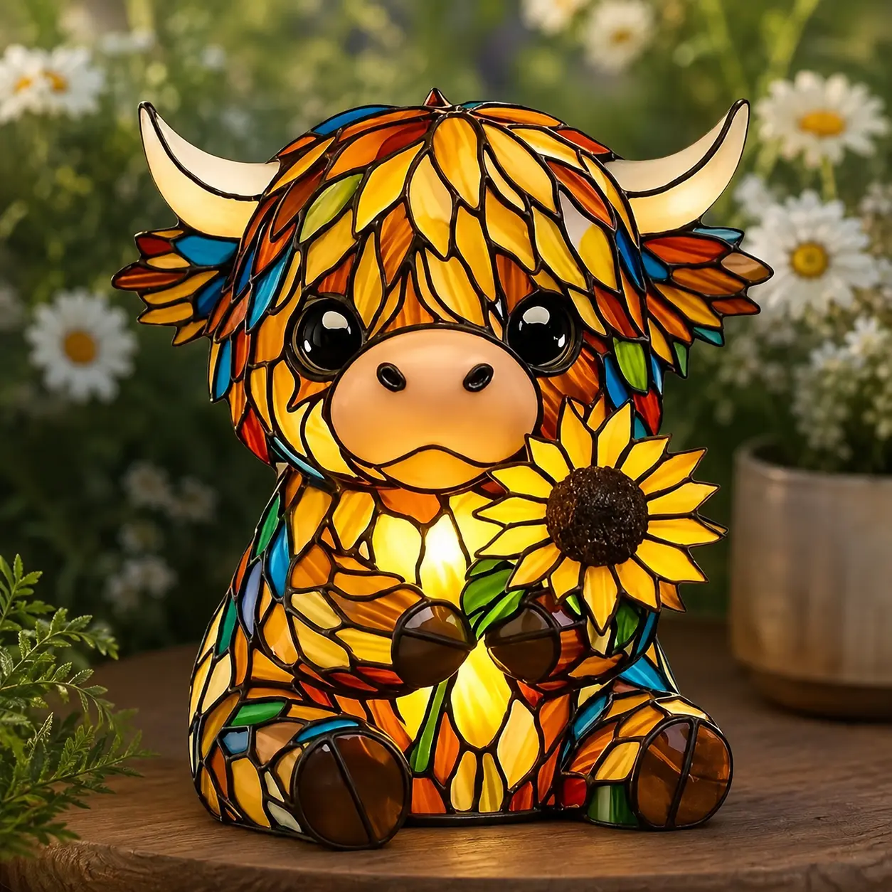 Stained Glass Style Highland Cow Lamp with Sunflower, Cute Cow Night Light Decor, Warm Ambient Desk Table Lamp, Farmhouse Animal Accent Light for Bedroom, Living Room, Nursery, Shelf, Birthday Gift for Cow Lovers and Home Decor Accent