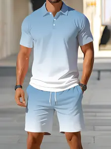 Men's Casual Short Sleeve Polo Shirt + Shorts, Blue Gradient Design, Breathable Comfort, Summer Daily Wear