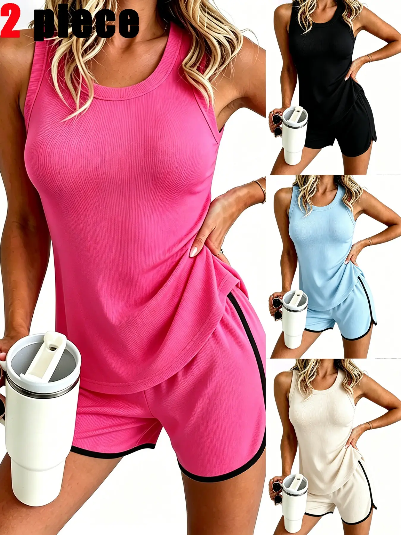 Women's Sportswear Set, Casual Ribbed Tank Top, Breathable Comfort, Colorblock Shorts, Moisture-Wicking, Ideal for Running, Home, Workout, Fitness Clothes