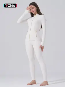 Women's Sporty Tracksuit Set (Gardenia Fragrance), Golden Zipper Jacket with Pockets & Yoga Pants, Thumbholes Design, Casual Wear for Women, Yoga Clothes Set