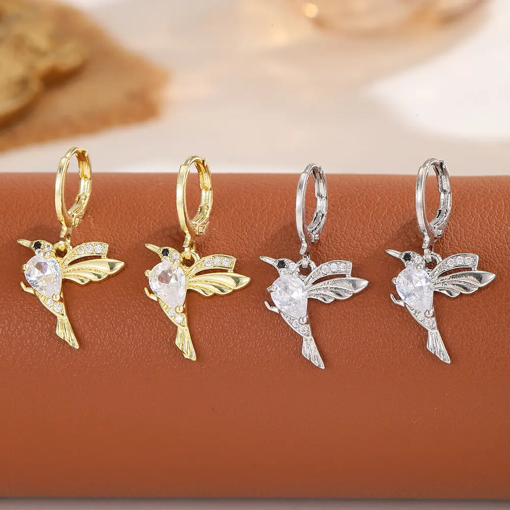 Dangle Hoop Earrings for Women, Cottagecore Hummingbird Charm with Teardrop Cubic Zirconia, Hypoallergenic Stainless Steel Jewelry, 2Pcs, Drop Hoops, Pastoral-Themes, Female