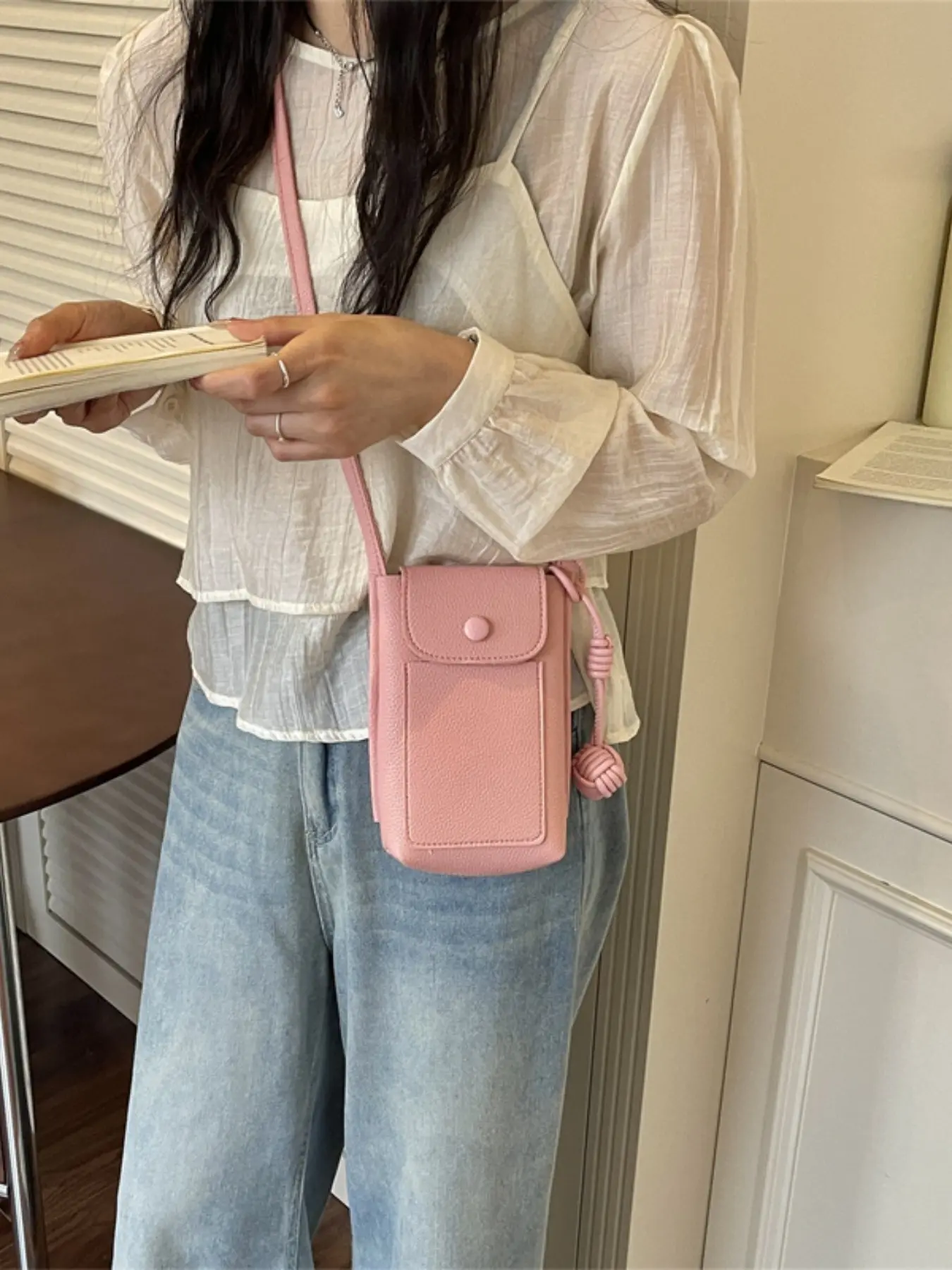 Elegant Rope Knot Design PU Vertical Phone Bag, Dual Layer Magnetic Closure, Adjustable Strap, Perfect for Daily Use, Shopping, Dating, Commuting