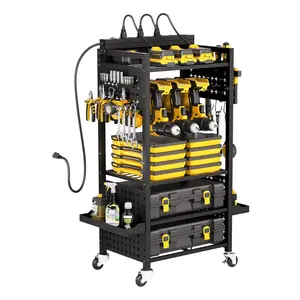 【DealsForYouDays】VEVOR 5-tier Tool Organizer Cart with Charging Station, 8 AC Outlet, Floor Stand Rolling Drill Holder and Tool Battery Storage Rack on Wheels, Garage Floor Rolling Storage Cart for Workshop, Garage
