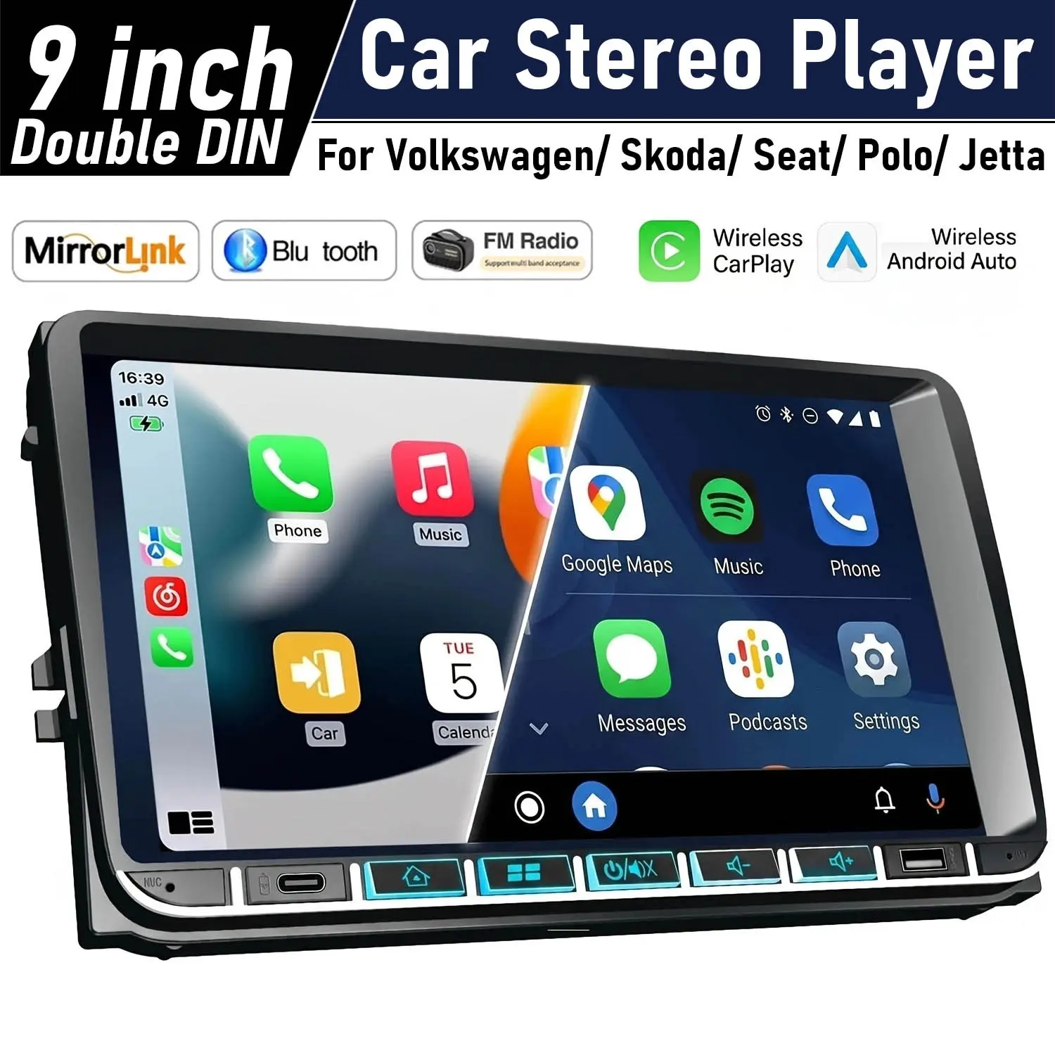 9 Inch 2din Car Stereo Touchscreen, Wireless Carplay Android Auto Support, High-Definition Display, Volkswagen Specific, Abs Enclosure