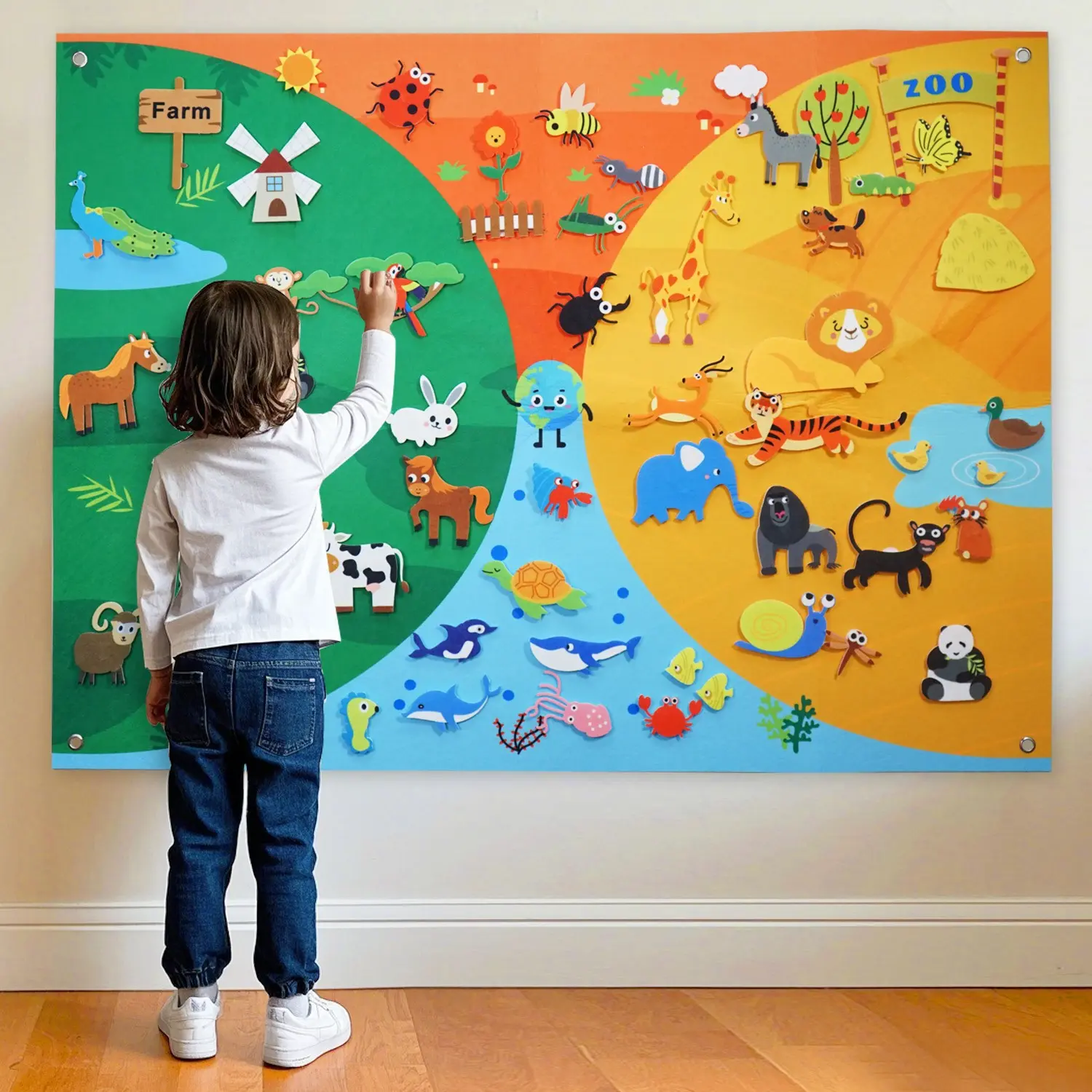 Children's Felt Busy Board Montessori Intelligent Toy Farm Zoo Storyboard Set, Home Teaching Interactive Game, School Wall Mounted Poster, Preschool Learning Materials, Animal Insect Awareness Education 40X29.4 inches