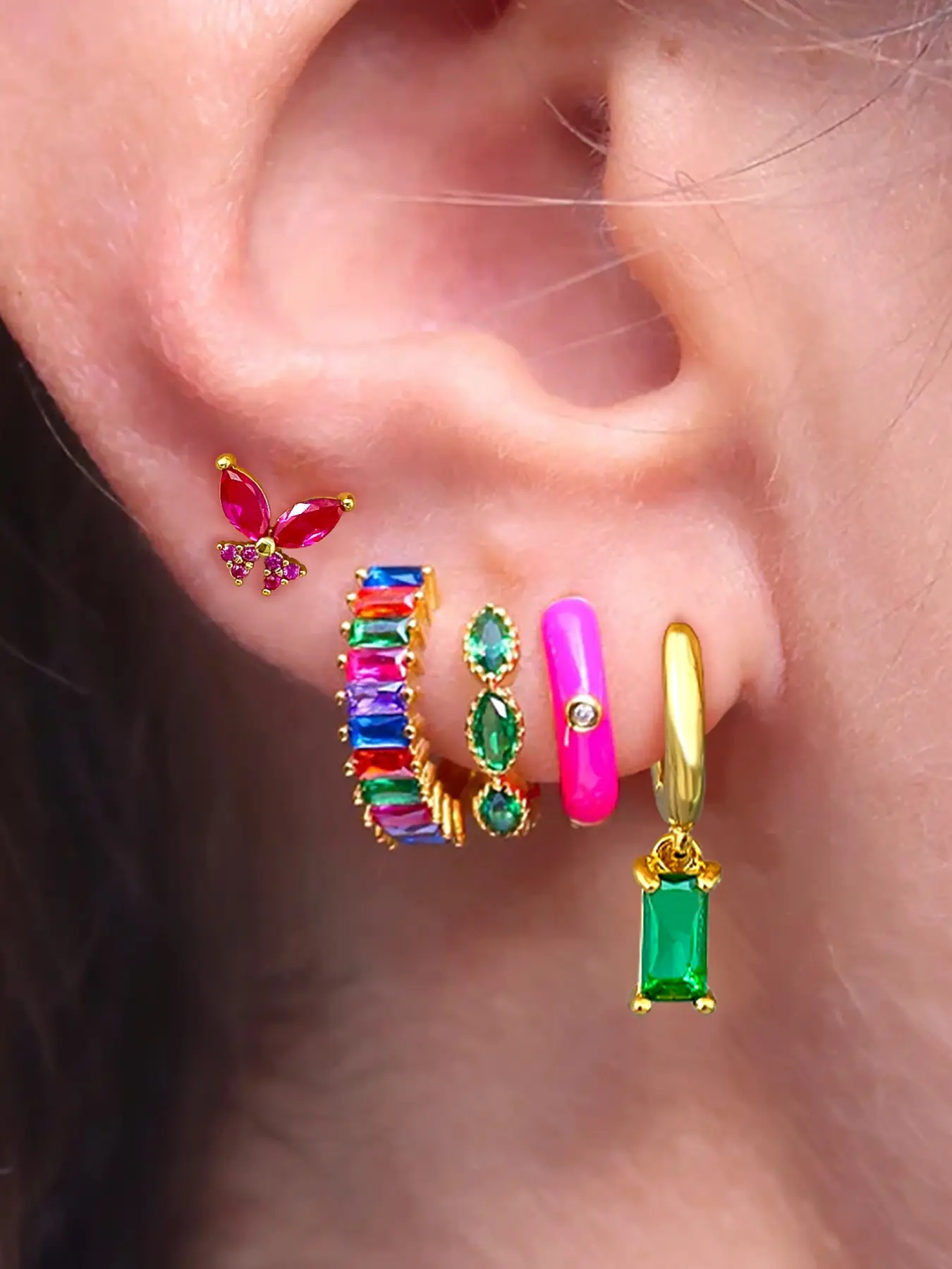 5Pcs Perfect 24K Gold Plated Cubic Zirconia Butterfly Stud Earrings Set For Women Colorful Zircon Hoop Earrings Pack Drop Dangle Stackable Earrings Stack