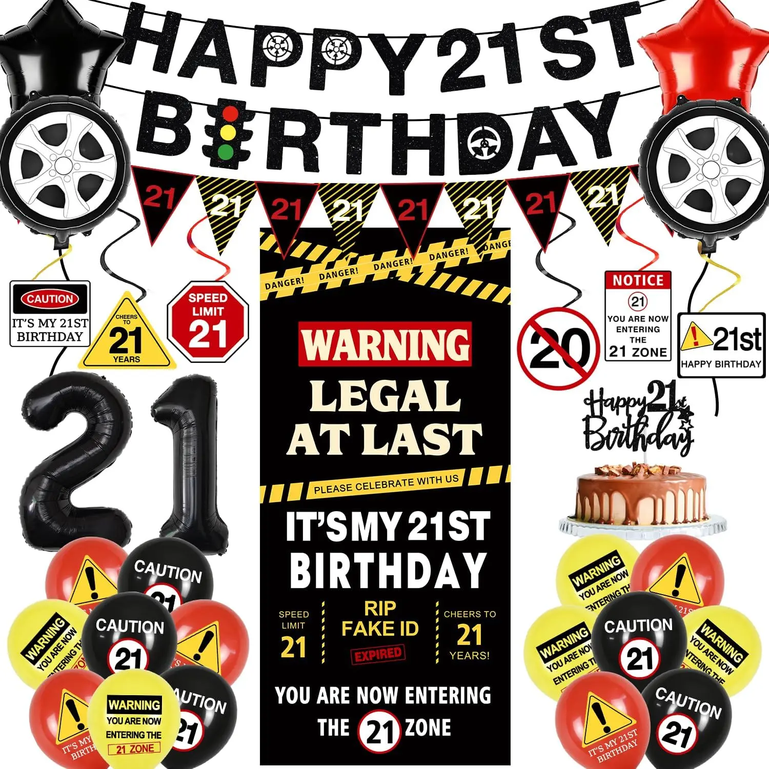 21st Birthday Decorations for Him Her,Black Caution Happy 21st Birthday Themed Party Supplies, Complete Set with Backdrop, Banner, Balloons, Perfect for 21 Year Old Men Bday Decorations