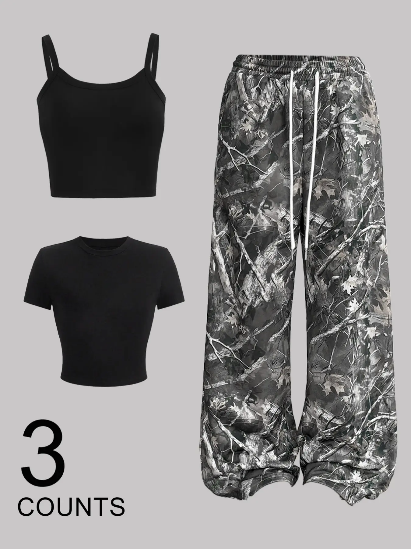 3 pieces, women's Y2K American solid color spaghetti strap suspender+solid color tight short sleeved+tree patterned camouflage pants set, functional, Casual street style, side pocket details, summer everyday home commuting, dating, sports outfit