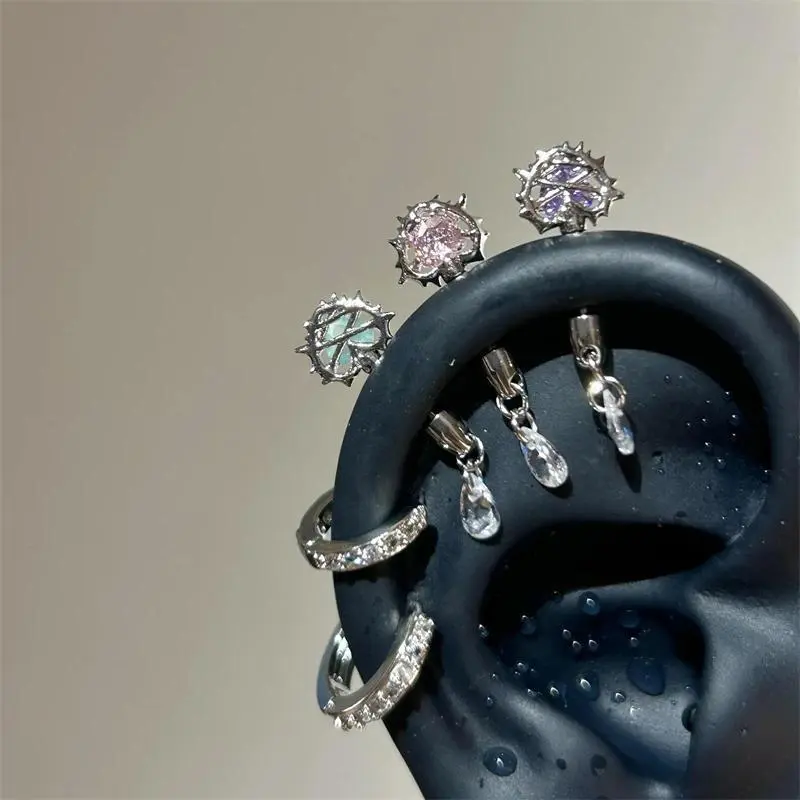 1 PCS Thorn Love Heart Water Droplet Zircon Ear Bone Nail 316L Medical Titanium Steel Earrings for Women Y2K Punk Jewelry