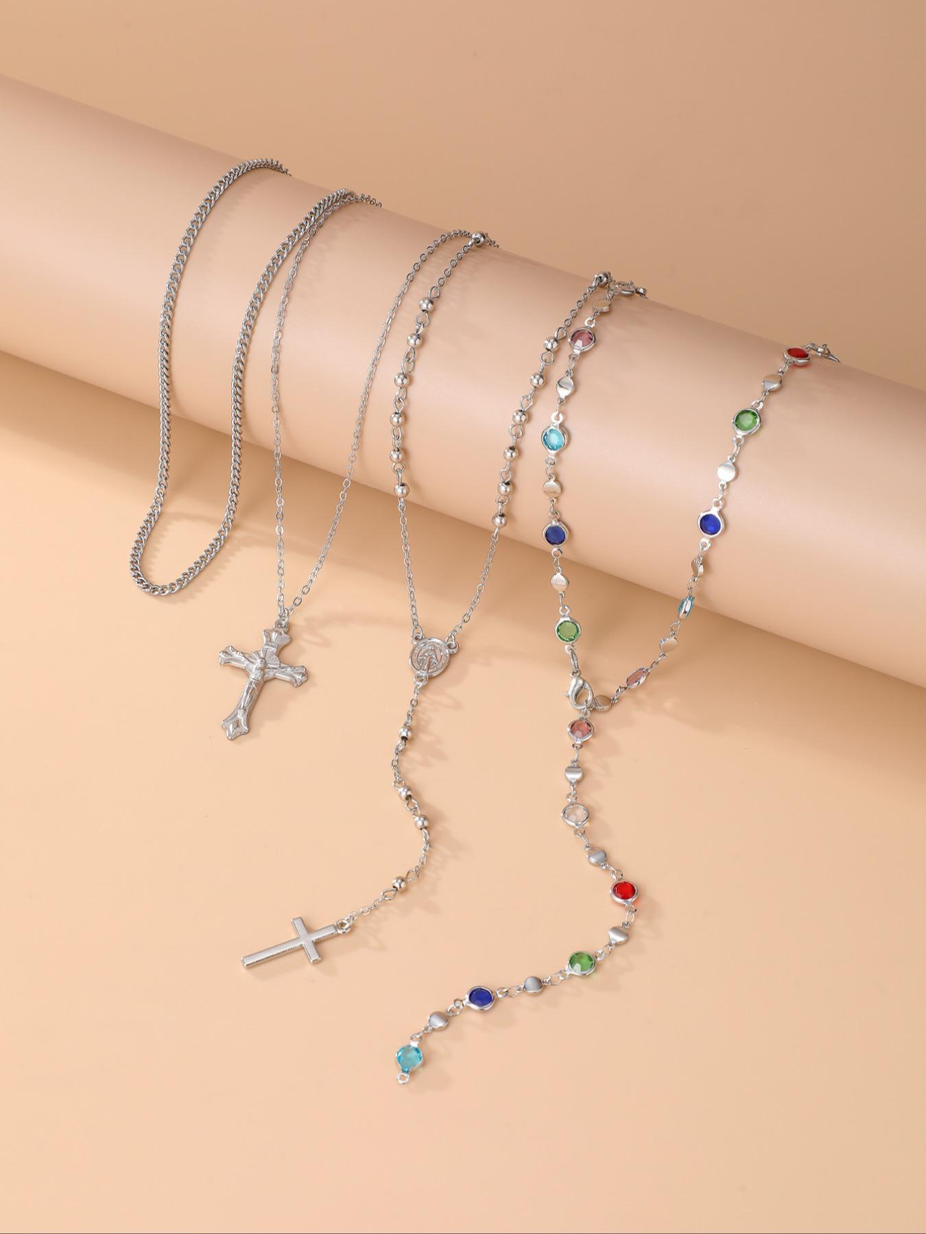 4 Piece Set Vintage Metal Jesus Cross Y-Style Long, Bohemian Style Boho Chic Colorful Crystal Glitter Cross Pendant Jewelry, Perfect Fashion Gift for Women