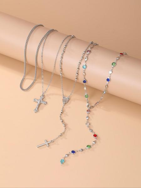 4 Piece Set Vintage Metal Jesus Cross Religious Pendant Y-Style Long, Bohemian Style Boho Chic Colorful Crystal Jewelry, Perfect Fashion Gift for Women