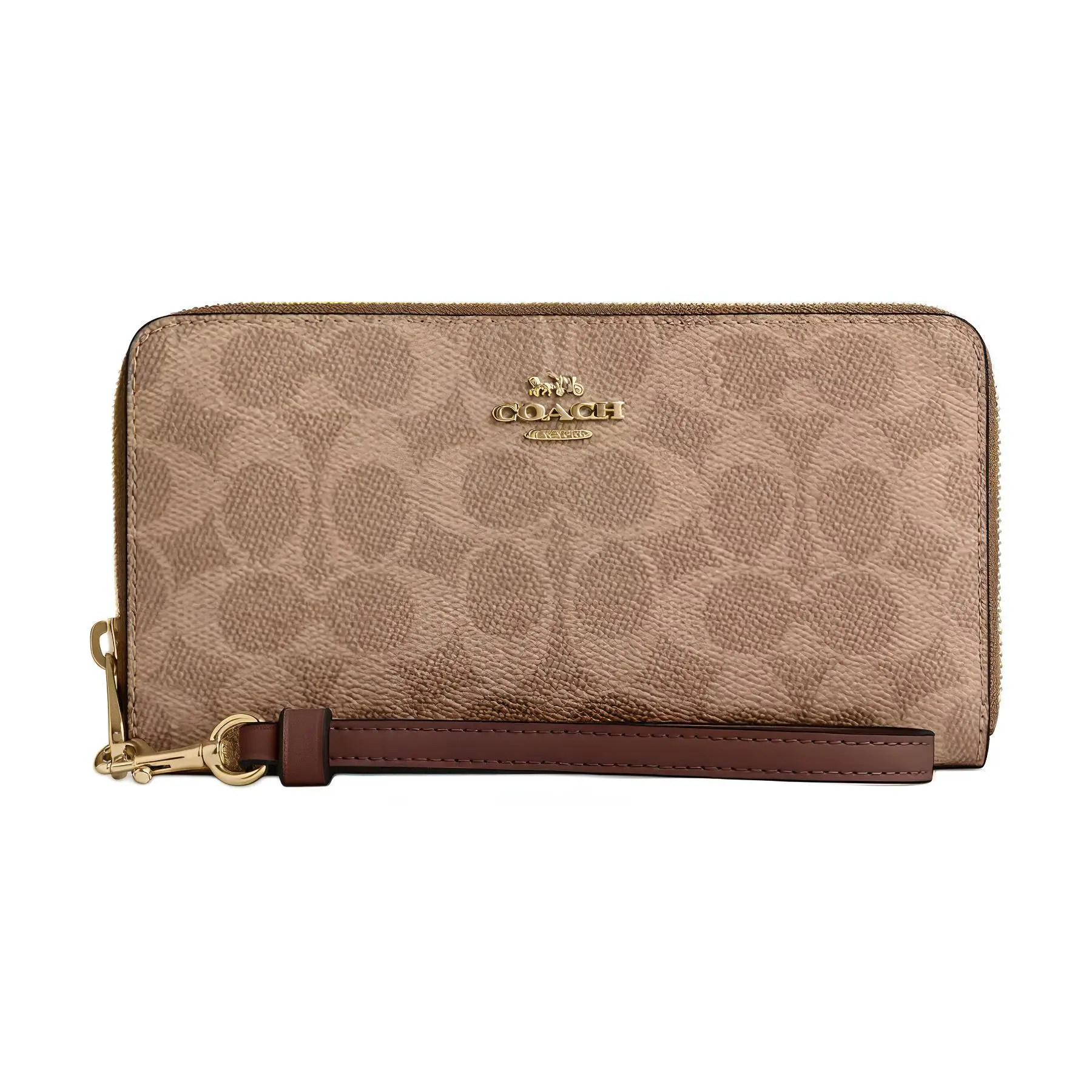 COACH 19 Metal Logo Zip Wallet for Women – Coated Canvas, Tan and Brown