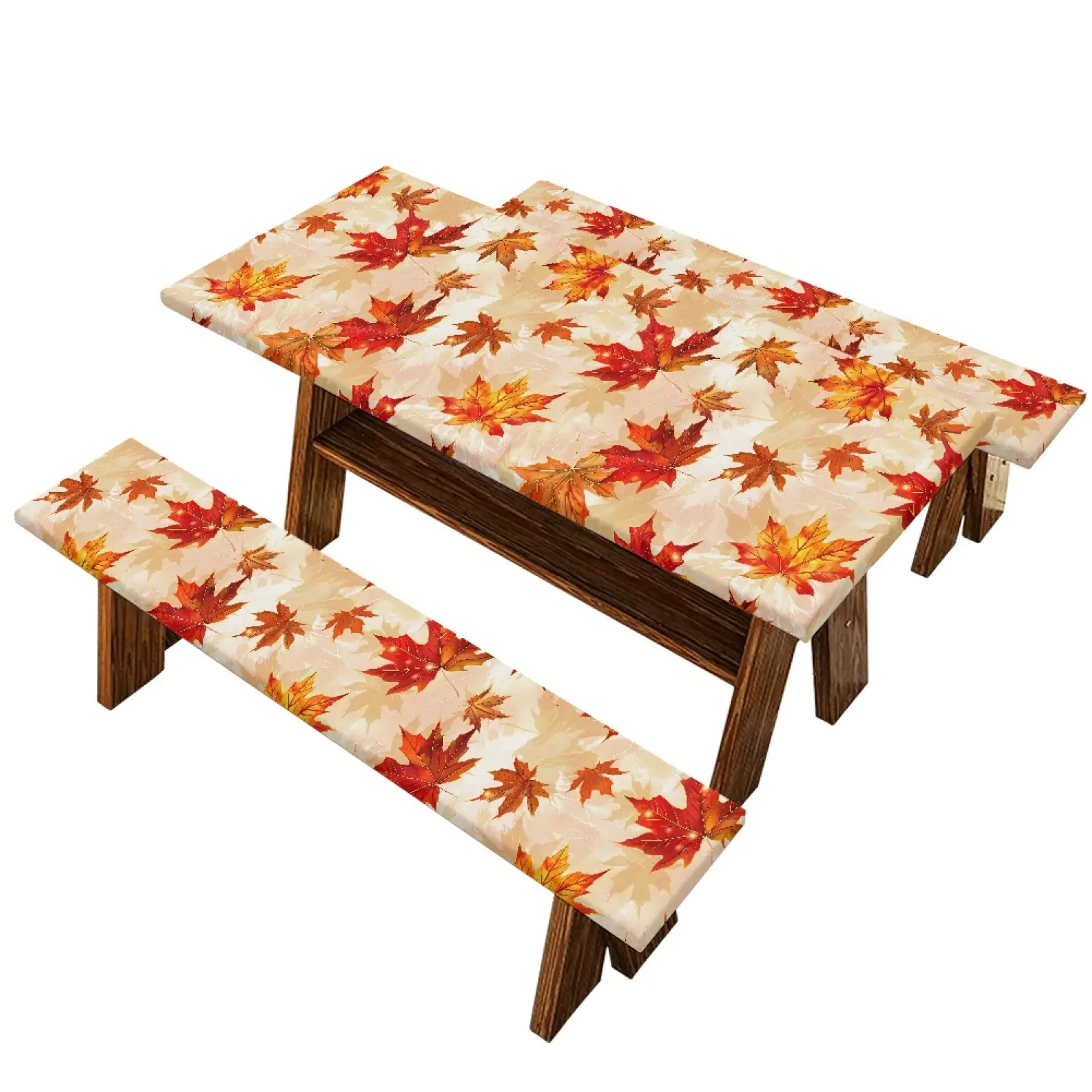 72X30 Inch Stretch Fitted Picnic Tablecloth and Bench Cover Set, Waterproof Heavy Duty Outdoor Tablecloth, Vibrant Maple Leaf Fall Print, Slip Resistant Easy Clean Protector for Backyard, Park, BBQ, Picnic, Camping