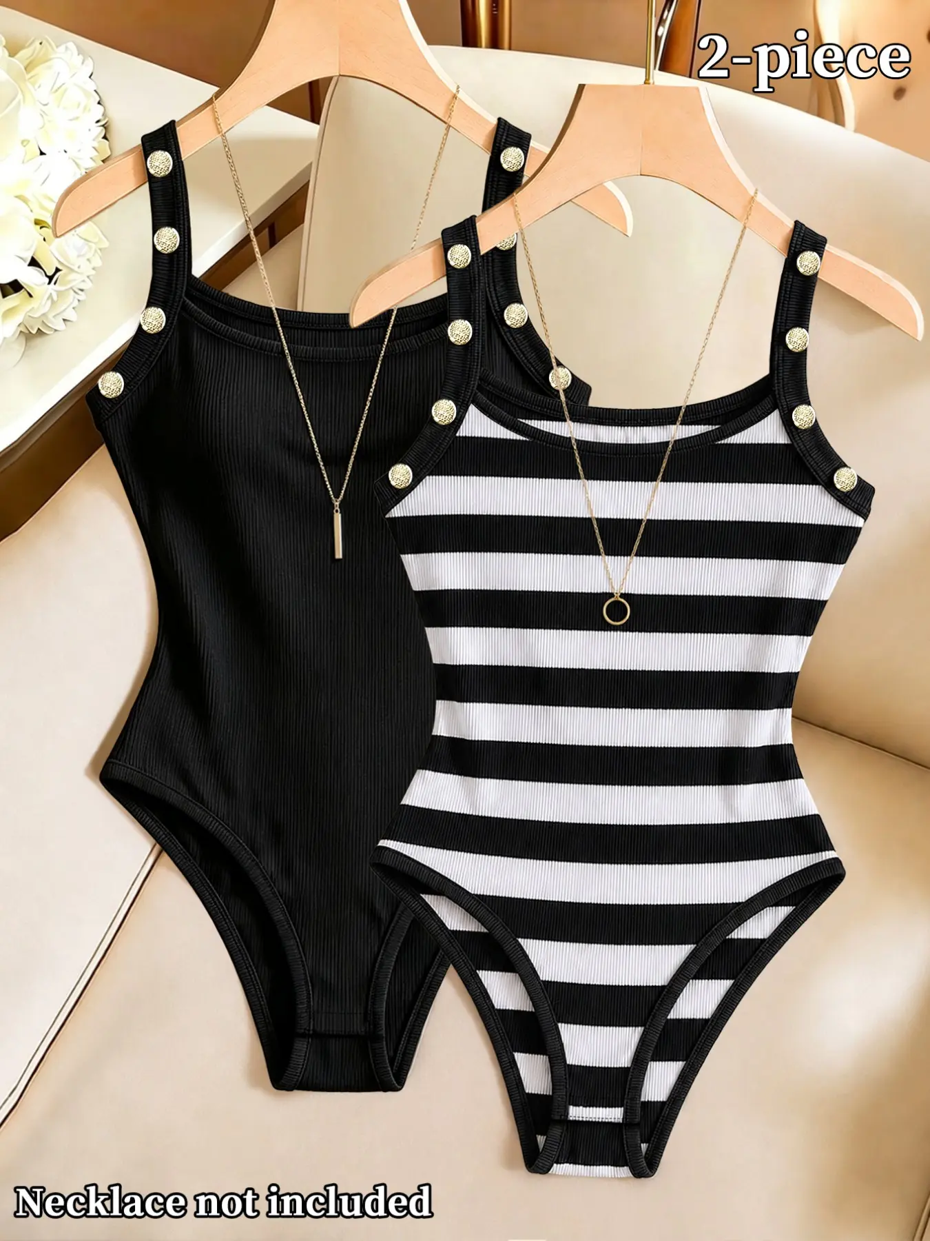 Influencer Minimal Two-Pack Ribbed Solid and Striped Button Strap Bodysuit, Casual Neutral Basic Layering Piece, Ideal for Night Selfie Content Shoots, Weekend Late Night Outings, Outdoor Evening Dates and Effortless Monochrome Daily Fits
