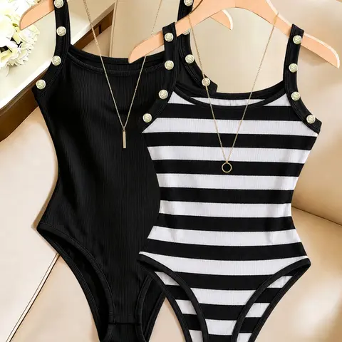 Influencer Minimal Two-Pack Ribbed Solid and Striped Button Strap Slim Fitting Bodysuit, Casual Neutral Basic Layering Piece, Ideal for Night Selfie Content Shoots, Weekend Late Night Outings, Outdoor Evening Dates and Effortless Monochrome Daily Fits