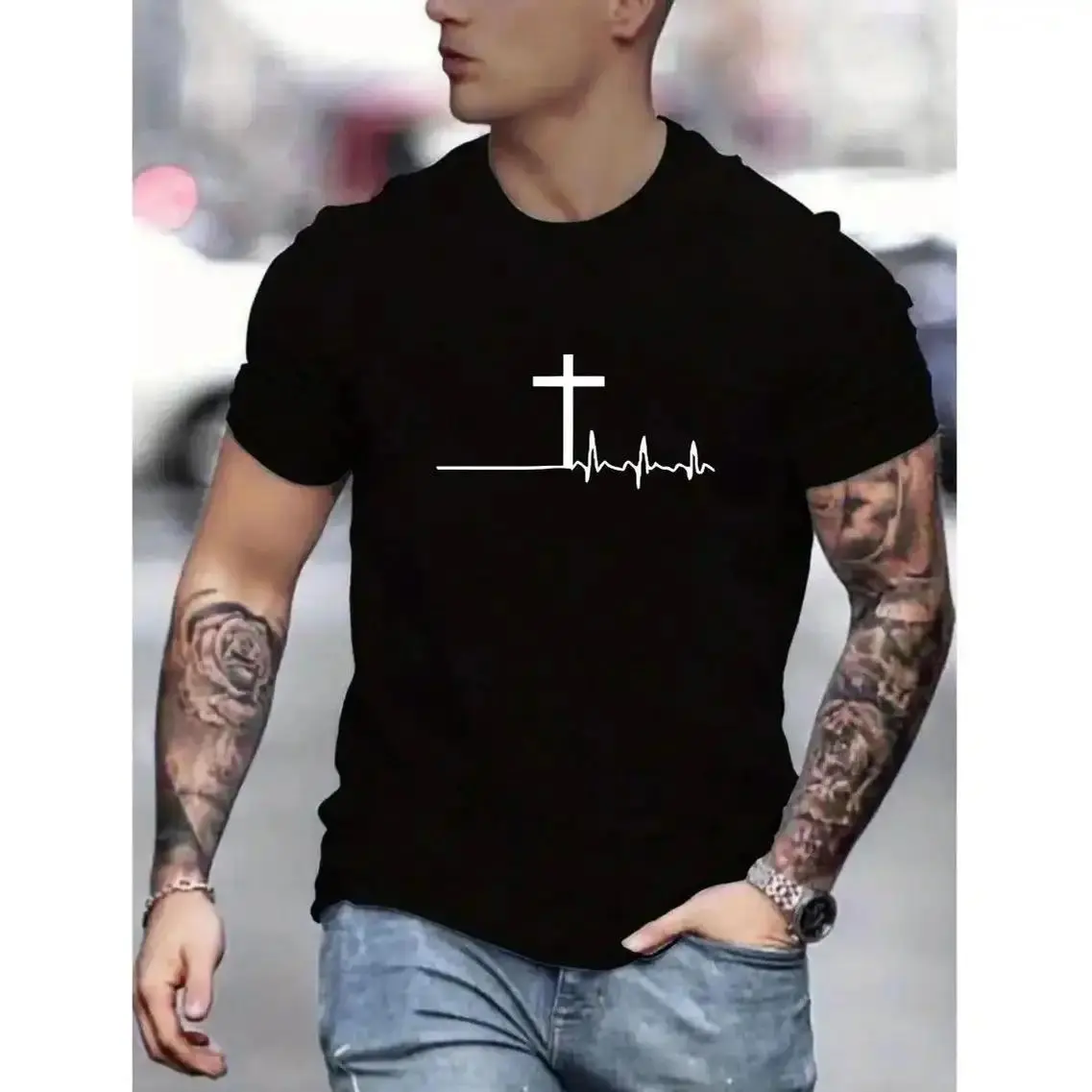 Men's T-Shirt with Cross Pulse Print - Knit Polyester Blend Crew Neck Tee, Regular Fit, Slight Stretch, Breathable Comfort, 180G Cotton, Ultra-Soft, Moisture-Wicking, Versatile for Gym & Casual Wear