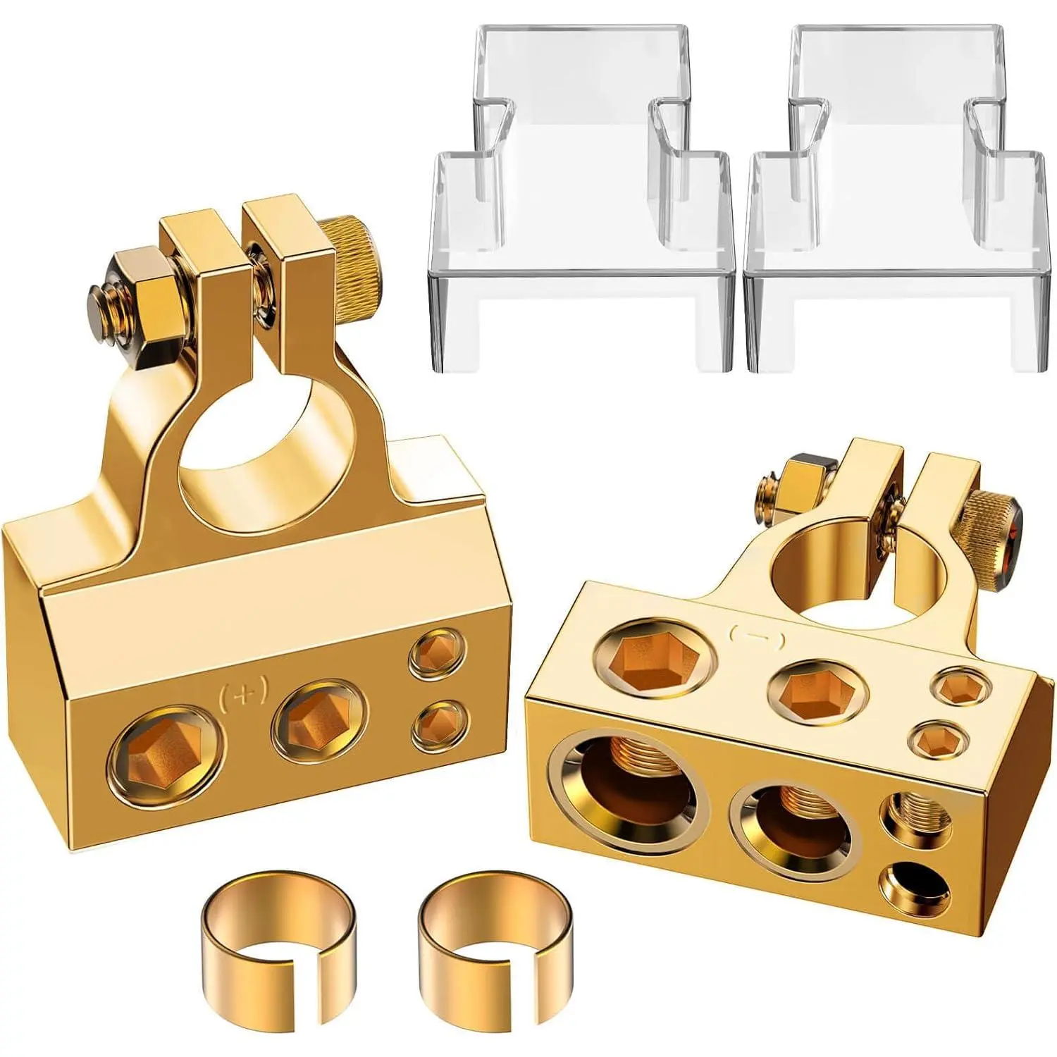 Battery Terminal Connectors, 0/4/8/10 Gauge AWG Battery Terminal, Positive Negative Battery Terminals, with 2 Clear Covers and Shims, Battery Connectors for Car, Marine, Truck, Motorcycle