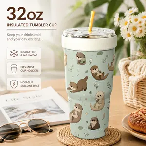 1 Pc 32oz Cute Otter Print 2-in-1 Insulated Can Cooler, Includes Tumbler Lid, Converts into a 32oz Travel Tumbler, Double Wall Vacuum Stainless Steel, Fits Most 16-24oz To-Go Coffee & Bubble Tea Cups, Perfect for Halloween, Christmas & Daily Use
