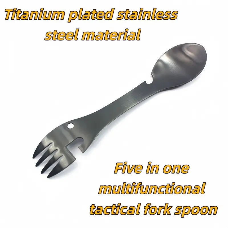 Five-In-One Tactical Fork Spoon Set, Titanium Coated Stainless Steel, Camping Utensils, Camping Kitchenware, Camping Kitchen Supplies, Hiking, Backpacking, Outdoor Gear