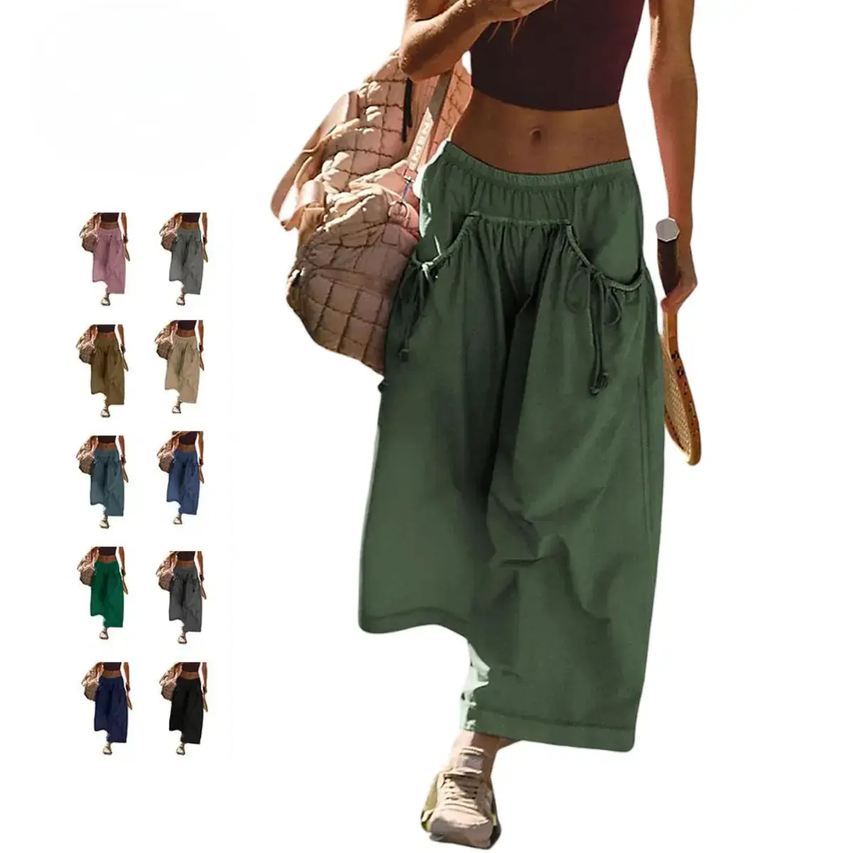 Women's Wide-Leg Track Capri Pants, Spring Bottoms with Drawstring Elastic Waist, Pockets, Loose Fit, Athleisure Style Clothes for Gym, Boho Outfits, Hiking, Hyrox#SpringStatements,summerwins,back to school shopping