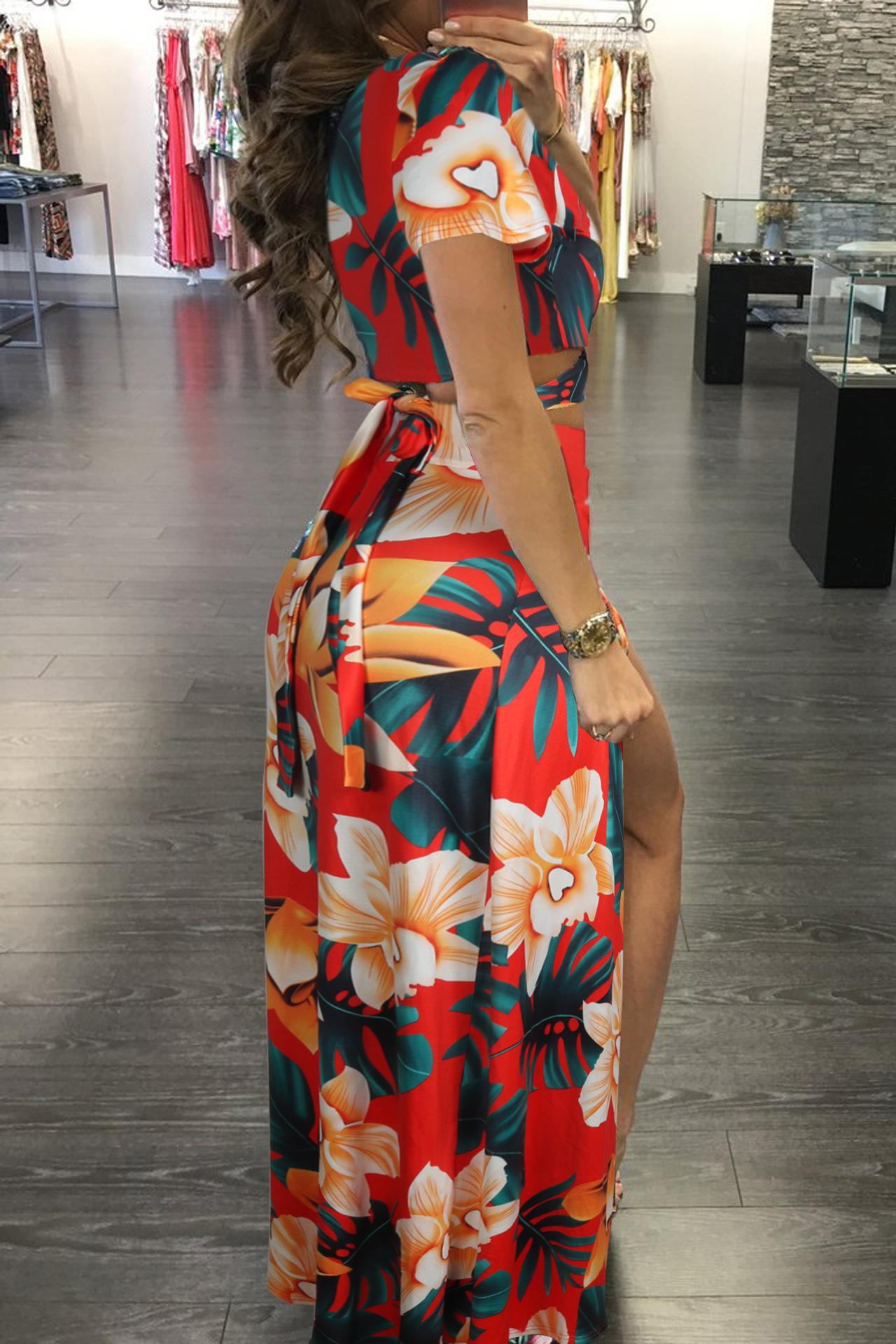 Women Floral Two Piece Maxi Dress Set Summer Vacation Outfits High Slit Long Skirt and V Neck Crop Top Sexy Beachwear Matching Set