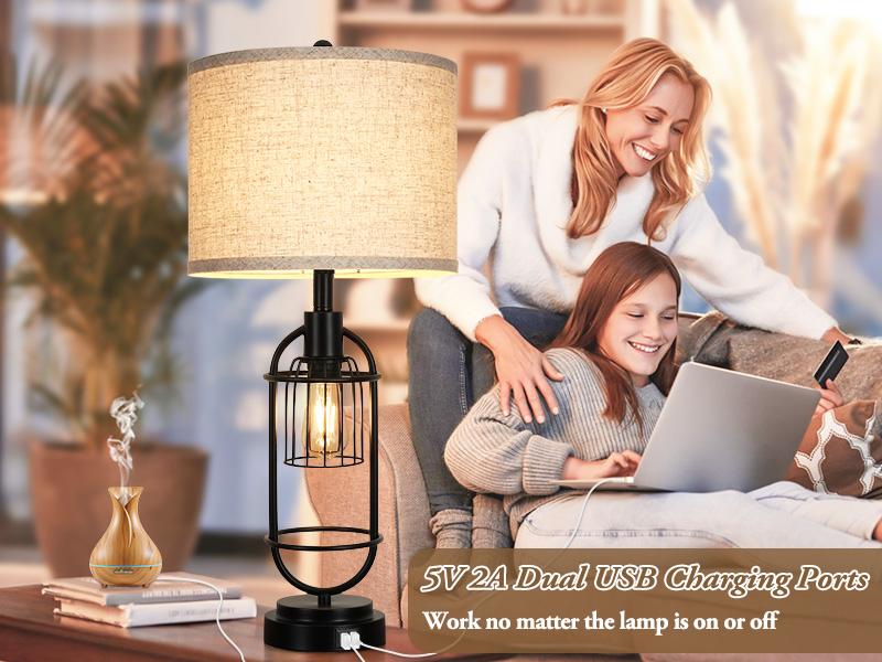 Set of 2 Table Lamps for Living Room with USB Ports, 29" Tall 2-Light Bedside Lamps, Farmhouse Nightstand Lamp with Cream Fabric Shade, Industrial Desk Lamp for Bedroom End Table Reading Lamp E26 Base