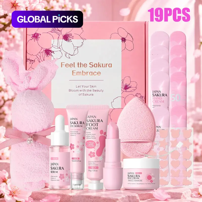 Sakura and Milk Glow Skincare Set, Daily Routine Set, Day and Night Rejuvenating Set Including Facial Cleanser, Eye Cream, Serum, Moisturizer, Sun Care Cream, Scrub, Makeup Bag #GLOBAL PICKS