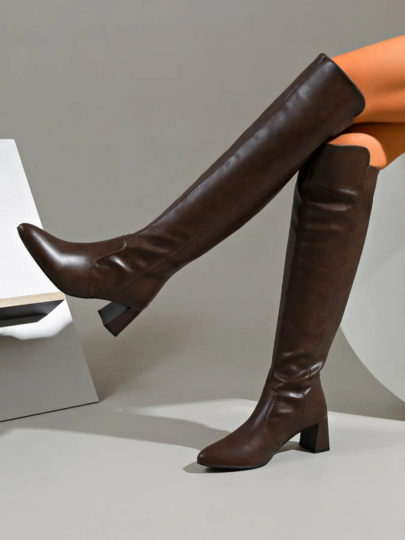 New Fall Winter Retro Pointed Toe Thick Heel over the Knee Boots, Soft PU Leather, Fashionable High Ankle Knight Boots for Women, Thick Heeled Boots