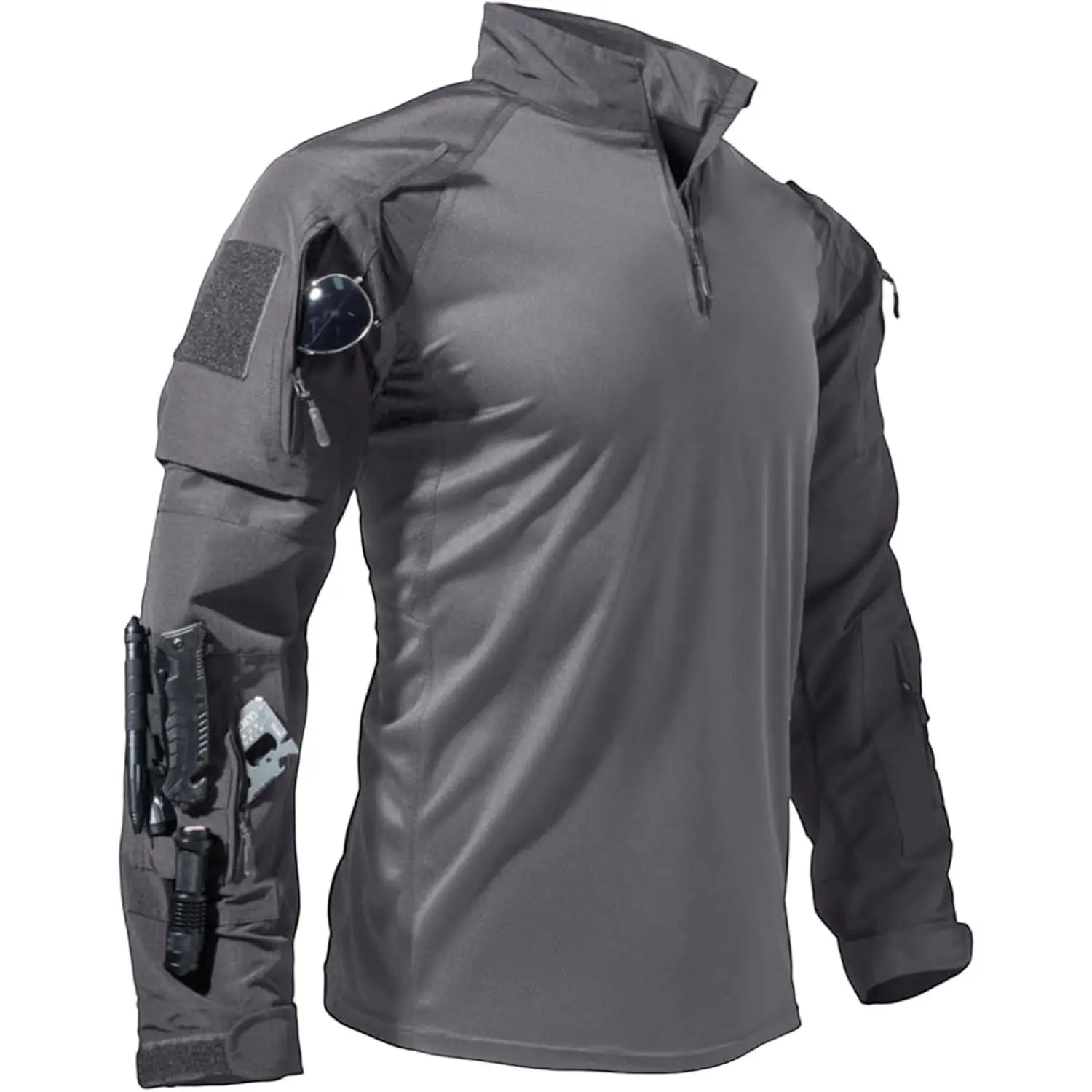 Men's Tactical Quarter Zip Long-Sleeve BDU Tee - Military Look Polyester Blend Shirt with Patch Pockets for Outdoor Paintball, Airsoft