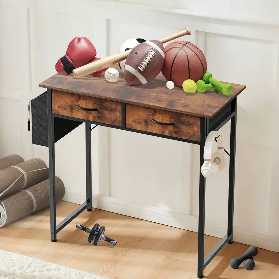 32 Inch Small Desk With Drawers, Home Office Computer Desk With Storage Bag And Headphone Hook, Study Writing Table With Adjustable Feet For Bedroom,Rust