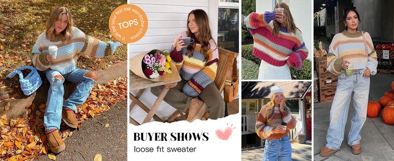 Saodimallsu Womens Color Block Sweater Striped Chunky Knit Cropped Sweaters Crewneck Fall Long Sleeve Loose Pullover Tops