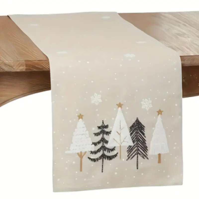 Festive Christmas Tablecloth, Polyester Snowman and Trees Design, Woven Rectangular Desktop Decor, Indoor/outdoor Holiday Party