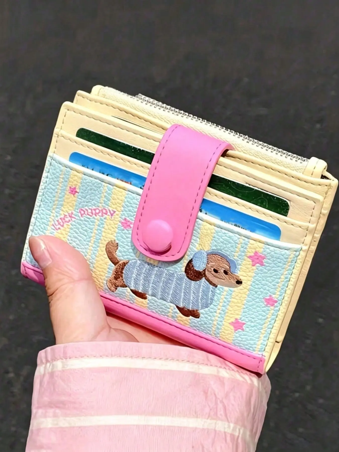 Kawaii Long-Legged Dog PU Wallet, Cartoon Dog Zipper Card Holder, Thin Compact Design, Portable for Travel and Daily Use