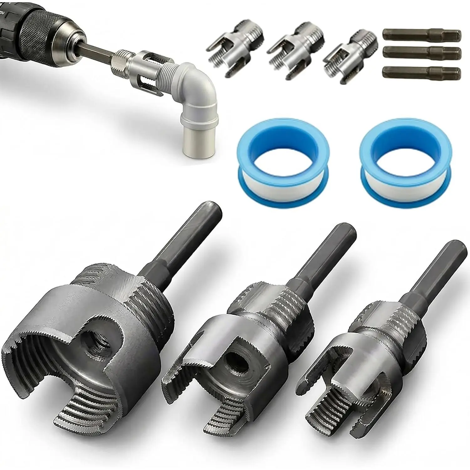 3PCS PVC Pipe Threader Kit, Integrated Internal & External Pipe Threading Tool for 1/2", 3/4" & 1" PVC/Pipes, PVC Threader for, 4 in 1 Pipe Cutting Tool with 2 PTFE Tapes