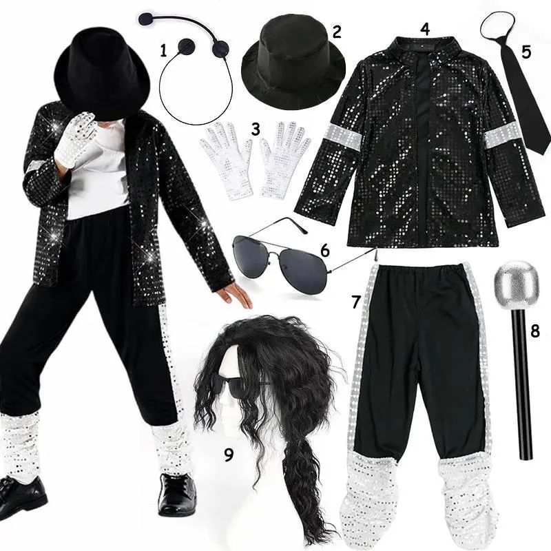 Kids 80s 90s Hip Hop Michael Jackson 5 Costume Boys Superstar Singer Outfit Halloween Carnival Stage Dance Cosplay Party Wear