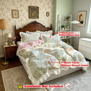 3-Piece Vintage Pastoral Floral Ruffle Print Lace Duvet Cover Set (1 Duvet Cover + 2 Pillowcases, No Insert), Soft Comfortable Bedding Set for All Room Decor, Ideal for Gift